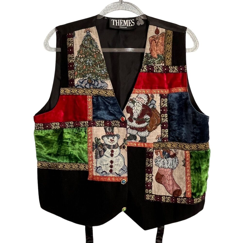 Christmas Vest Women's Size Large Tapestry Velvet Vintage 90s Santa Snowman Tree